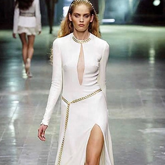 Alexander McQueen Dresses & Skirts - Vintage 2006 Alexander McQueen Documented White Silk Chain Plunge High-Slit Gown